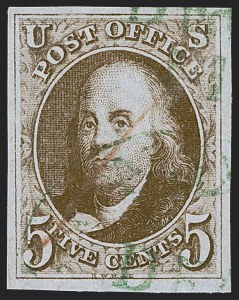 Sale 1255, Lot 70, 5c 1847 Issue, Cancellations: Colored Cancels (Scott 1)