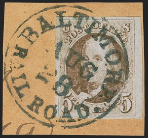 Sale 1255, Lot 91, 5c 1847 Issue, Cancellations: Railroads and Steamboat (Scott 1)