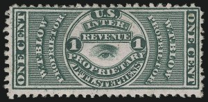 Sale 905, Lot 3633, Private Die Proprietary Stamps, W. T. Blow, 1c Green, Pink Paper (RS31c) Sale 905, Lot 3633, Private Die Proprietary Stamps