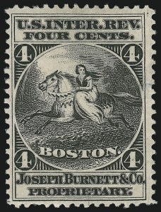 Sale 905, Lot 3639, Private Die Proprietary Stamps, Joseph Burnett & Co., 4c Black, Pink Paper (RS46c) Sale 905, Lot 3639, Private Die Proprietary Stamps