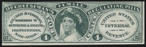 Sale 905, Lot 3643, Private Die Proprietary Stamps, Cannon & Co., 4c Green, Pink Paper (RS49c) Sale 905, Lot 3643, Private Die Proprietary Stamps