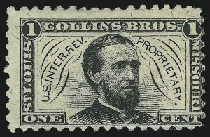 Sale 905, Lot 3649, Private Die Proprietary Stamps, Collins Brothers, 1c black, Silk Paper (RS59b) Sale 905, Lot 3649, Private Die Proprietary Stamps