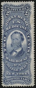 Sale 905, Lot 3662, Private Die Proprietary Stamps, John F. Henry, 2c Blue, Pink Paper (RS115c) Sale 905, Lot 3662, Private Die Proprietary Stamps