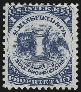 Sale 905, Lot 3691, Private Die Proprietary Stamps, S. Mansfield & Co., 1c Blue, Pink Paper (RS174c) Sale 905, Lot 3691, Private Die Proprietary Stamps