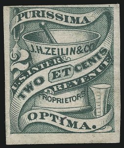 Sale 905, Lot 3718, Private Die Proprietary Stamps, J. H. Zeilin & Co., 2c Green, Pink Paper (RS277c) Sale 905, Lot 3718, Private Die Proprietary Stamps