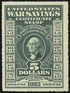 Sale 905, Lot 3762, War Savings, $5.00 Deep Green, Rouletted (WS3) Sale 905, Lot 3762, War Savings