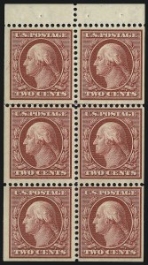 Sale 914, Lot 1314, 1908-09 Washington-Franklin Issues (Scott 331 thru 356), 2c Carmine, Booklet Pane of Six (332a) Sale 914, Lot 1314, 1908-09 Washington-Franklin Issues (Scott 331 thru 356)