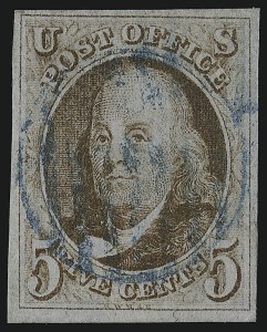 Sale 953, Lot 72, 1847 Issue (Scott 1-2), 5c Red Brown (1) Sale 953, Lot 72, 1847 Issue (Scott 1-2)