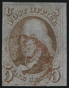 Sale 953, Lot 78, 1847 Issue (Scott 1-2), 5c Red Brown (1) Sale 953, Lot 78, 1847 Issue (Scott 1-2)