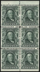 Sale 959, Lot 2690, 1902-08 Issues (Scott 300-320), 1c Blue Green, Booklet Pane of Six (300b) Sale 959, Lot 2690, 1902-08 Issues (Scott 300-320)