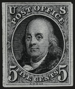 Sale 967, Lot 4001, Essays, Proofs and Specimens, 5c Black, Large Die Trial Color Proof on India (1TC1) Sale 967, Lot 4001, Essays, Proofs and Specimens