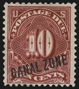 Sale 1011, Lot 974, U.S. Possessions, CANAL ZONE, 1914, 10c Rose Carmine, Postage Due (J3) Sale 1011, Lot 974, U.S. Possessions