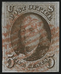 Sale 1017, Lot 51, 5c 1847 Issue (Scott 1-1d), 5c Red Brown (1) Sale 1017, Lot 51, 5c 1847 Issue (Scott 1-1d)