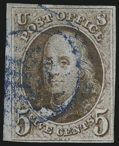 Sale 1019, Lot 311, 5c-10c 1847 Issue (Scott 1-2), 5c Red Brown (1) Sale 1019, Lot 311, 5c-10c 1847 Issue (Scott 1-2)