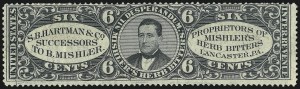 Sale 1067, Lot 721, Revenues: Private Die Proprietary - Match & Medicine, S. B. Hartman & Co., 6c Black, Silk Paper (RS100b) Sale 1067, Lot 721, Revenues: Private Die Proprietary - Match & Medicine