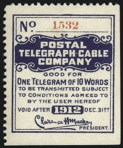 Sale 1067, Lot 768, Revenues: Hunting Permits thru Telegraph, Postal Telegraph Co., 1912, Blue (15T37) Sale 1067, Lot 768, Revenues: Hunting Permits thru Telegraph