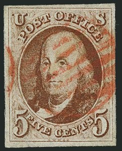 Sale 1115, Lot 2013, 5c 1847 Issue, Off-Cover (Scott 1), 5c Red Brown (1) Sale 1115, Lot 2013, 5c 1847 Issue, Off-Cover (Scott 1)