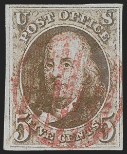 Sale Number 1255, Lot Number 73, 5c 1847 Issue, Cancellations: Colored Cancels (Scott 1) Sale Number 1255, Lot Number 73, 5c 1847 Issue, Cancellations: Colored Cancels (Scott 1)