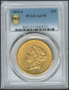 Liberty Double Eagle, $20, 1854 - S, 8913, Obverse