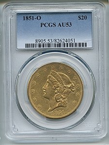 Liberty Double Eagle, $20, 1851 - O, 8905, Obverse