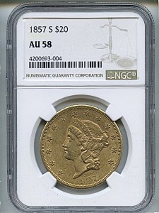Liberty Double Eagle, $20, 1857 - S, 8922, Obverse