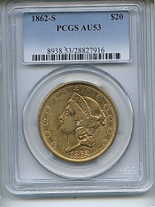 Liberty Double Eagle, $20, 1862 - S, 8938, Obverse