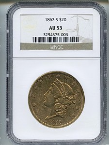 Liberty Double Eagle, $20, 1862 - S, 8938, Obverse