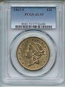 Liberty Double Eagle, $20, 1863 - S, 8940, Obverse