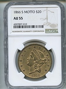 Liberty Double Eagle, $20, 1866 - S, 8950, Obverse