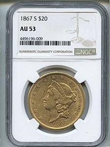 Liberty Double Eagle, $20, 1867 - S, 8952, Obverse