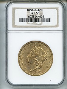 Liberty Double Eagle, $20, 1868 - S, 8954, Obverse