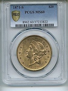 Liberty Double Eagle, $20, 1871 - S, 8962, Obverse