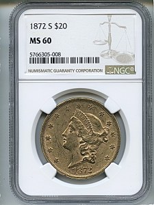 Liberty Double Eagle, $20, 1872 - S, 8965, Obverse