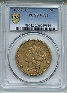 Liberty Double Eagle, $20, 1875 - CC, 8974, Obverse