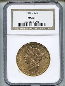 Liberty Double Eagle, $20, 1880 - S, 8993, Obverse