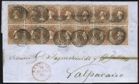 Chile, 1854, 5c Lithograph (7a), the largest and finest of the three recorded Lithographed blocks and the only one known on cover, sold by Siegel in 2008 for $632,500