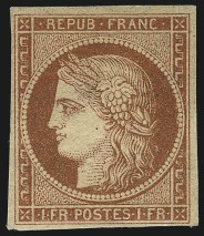 France, 1849, 1fr Dull Orange Red on Yellowish Paper (8a; Yvert 7b), realized $86,250 in November 2013
