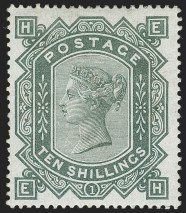 G.B., 1883, 10sh Grey Green on Blued Paper
SG Specialised J125; SG 131; Scott 91
The Superb ex Dale and Baillie Example
Realized $47,200 on March 19, 2019